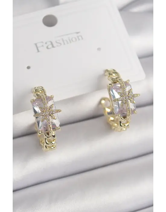  Altın Zirkon Taşlı Kutup Yıldızı İşlemeli Çelik Küpe