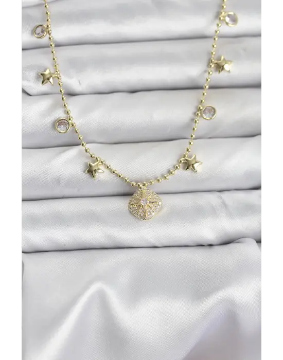 Pirinç Gold Renk Zirkon Taşlı Kutup Yıldızı Model Kadın Kolye