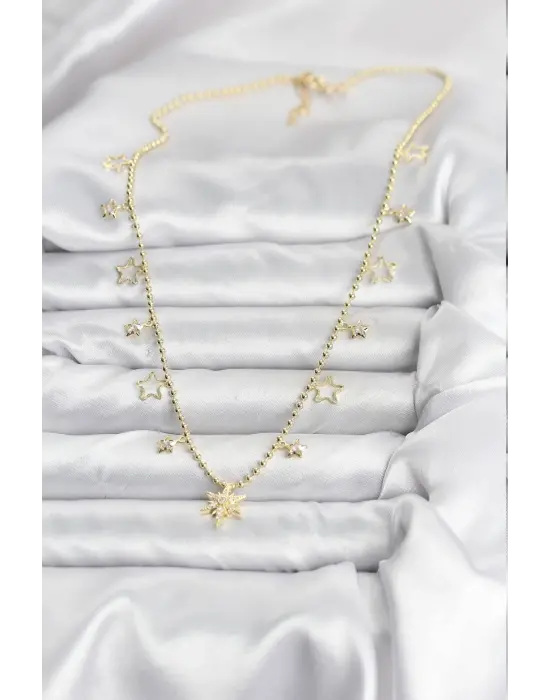 Pirinç Gold Renk Zirkon Taşlı Kutup Yıldızı Model Kadın Kolye