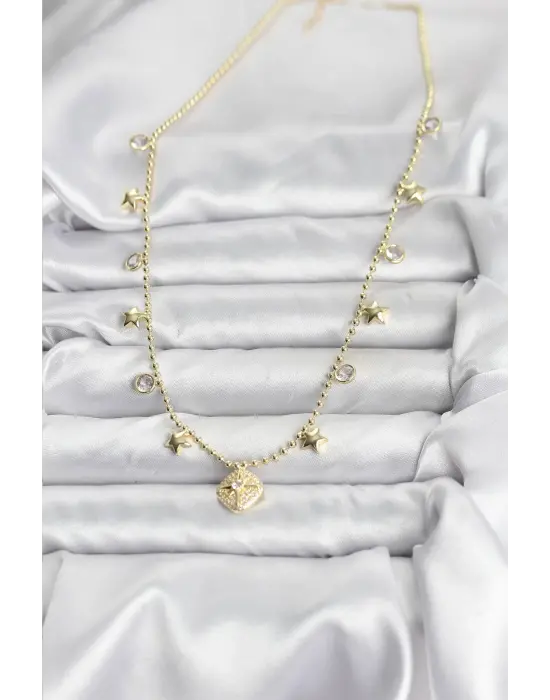 Pirinç Gold Renk Zirkon Taşlı Kutup Yıldızı Model Kadın Kolye
