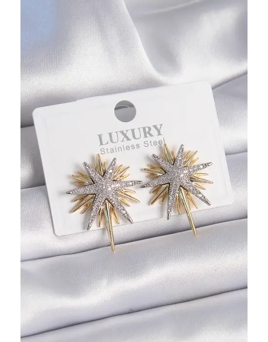  Altın Zirkon Taşlı Kutup Yıldızı Model Çelik Küpe