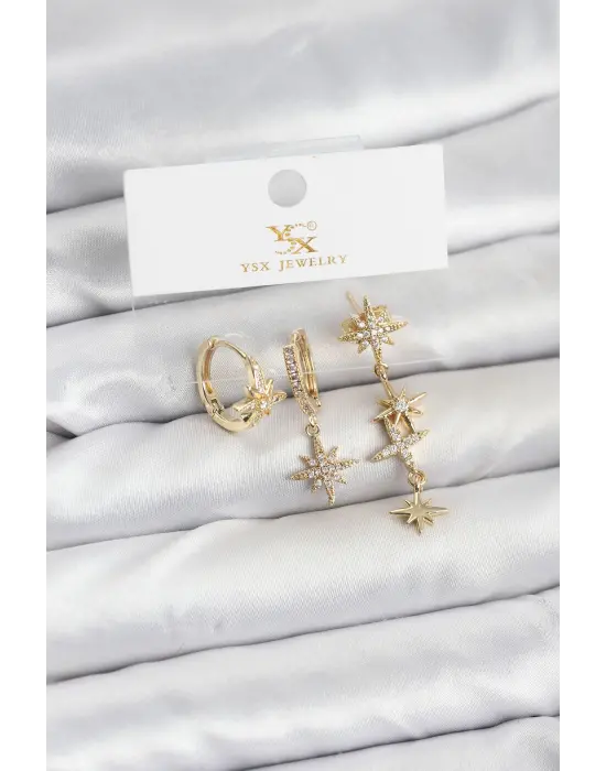 Çelik Gold Renk Zirkon Taşlı Kutup Yıldızı Model YSX Trio Küpe Seti