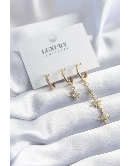 Pirinç Gold Renk Zirkon Taşlı Kutup Yıldızı Sallantı Model 3lü Kadın Küpe Seti
