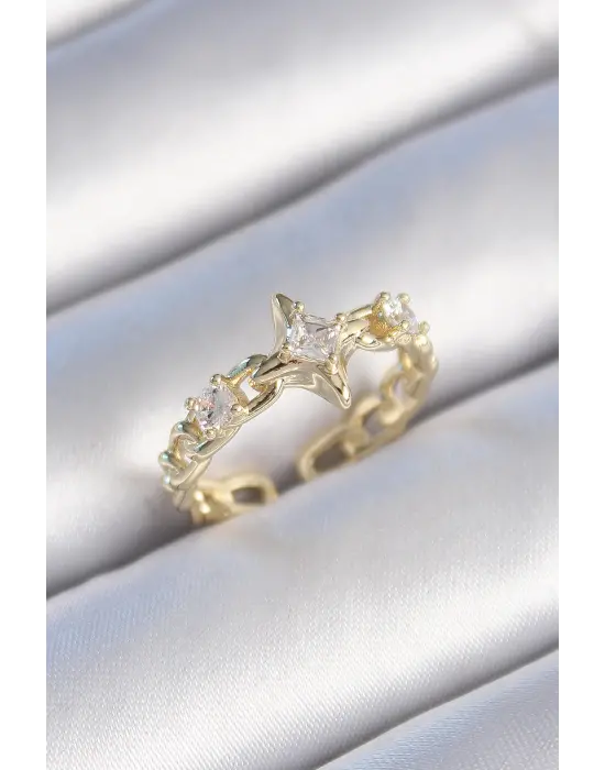  Altın Zirkon Taşlı Kutup Yıldızı Zincir Kordon Model Çelik Yüzük