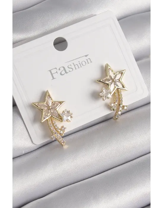 Altın Zirkon Taşlı Kuyruklu Yıldız Model Çelik Küpe