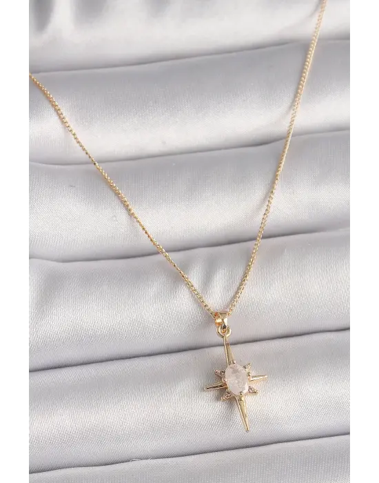 Pirinç Altın  Zirkon Taşlı Kuzey Yıldızı Model  Çelik Kolye
