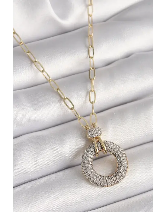 Altın Zirkon Taşlı Madalyon Modelli Çelik Kolye