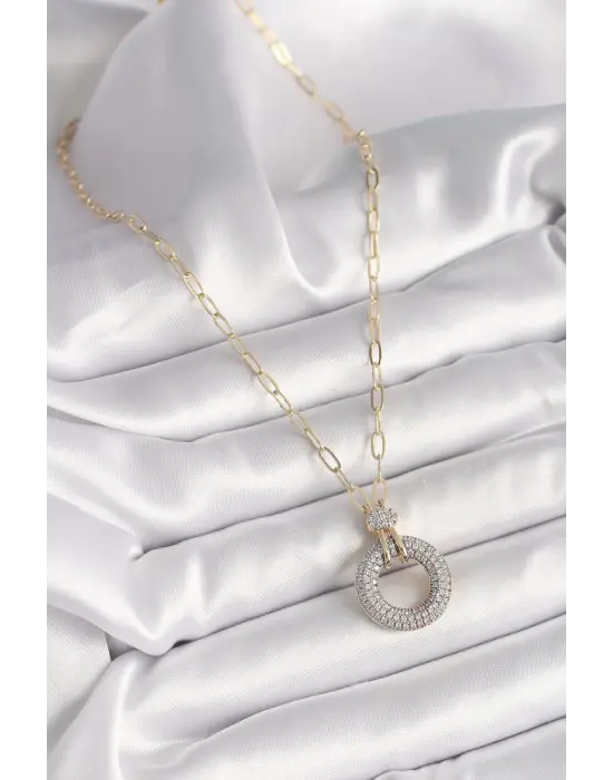 Altın Zirkon Taşlı Madalyon Modelli Çelik Kolye