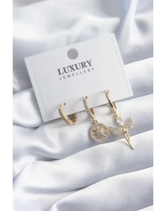 Çelik Gold Renk Zirkon Taşlı Melek Model 3lü Kadın Küpe Seti