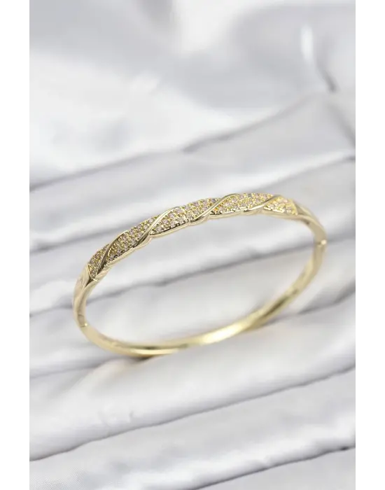 Çelik Gold Renk Zirkon Taşlı Model Kadın Kelepçe Bileklik