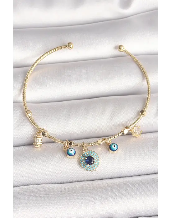 Pirinç Gold Renk Zirkon Taşlı Nazar Boncuk Detay Charm Kadın Bileklik