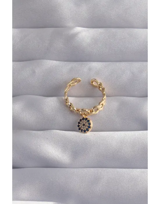  Altın Zirkon Taşlı Nazar Boncuk Model Ayarlamalı Yüzük