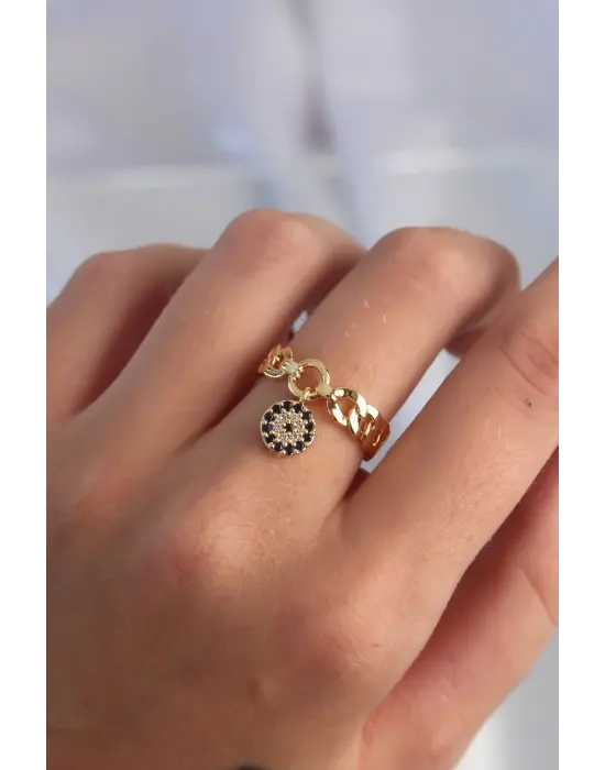  Altın Zirkon Taşlı Nazar Boncuk Model Ayarlamalı Yüzük