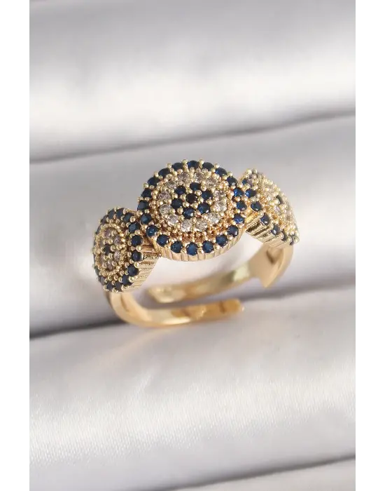 Pirinç Gold Renk Zirkon Taşlı Nazar Boncuk Model Ayarlanabilir Model Kadın Yüzük