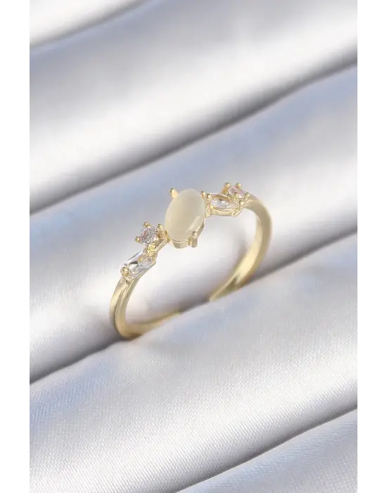  Altın Zirkon Taşlı Oval Beyaz Mineli Çelik Yüzük