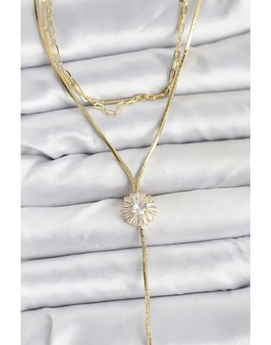Pirinç Gold Renk Zirkon Taşlı Papatya Model Detaylı 3lü Kombin Y Kadın Kolye