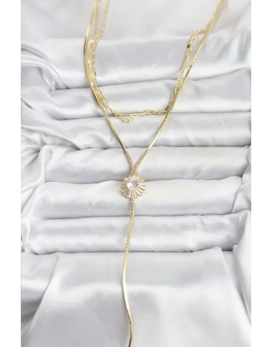 Pirinç Gold Renk Zirkon Taşlı Papatya Model Detaylı 3lü Kombin Y Kadın Kolye