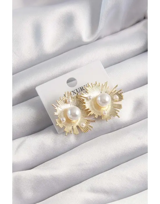  Altın Zirkon Taşlı Parlayan İnci Taneleri Küpe