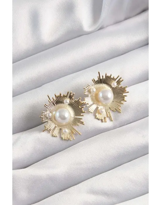  Altın Zirkon Taşlı Parlayan İnci Taneleri Küpe