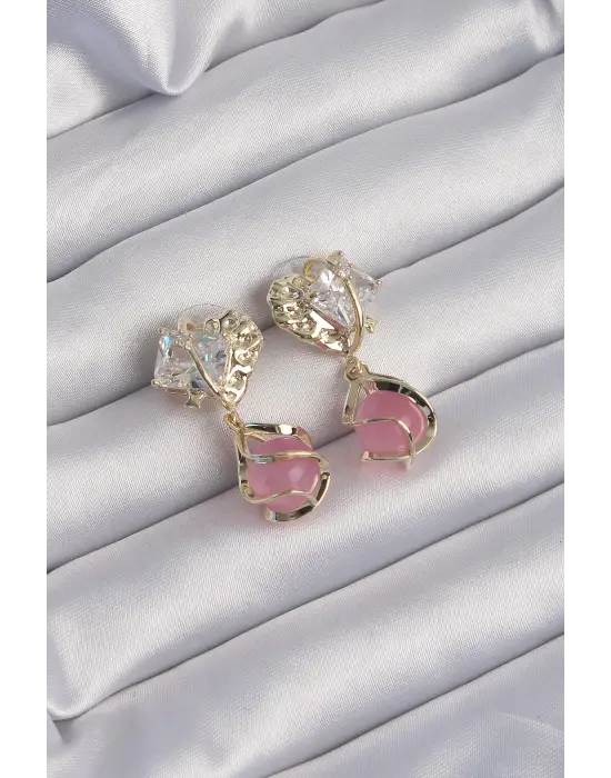  Altın Zirkon Taşlı Pembe Küre Tasarımlı Küpe