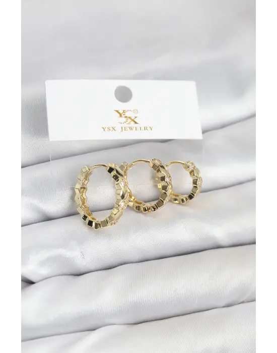 Çelik Gold Renk Zirkon Taşlı Petek Halka Model YSX Trio Küpe Seti