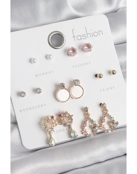 Pirinç Gold Renk Zirkon Taşlı Sallantı Damla Figür Beyaz Mine Detay 7 Çift Kadın Küpe Seti