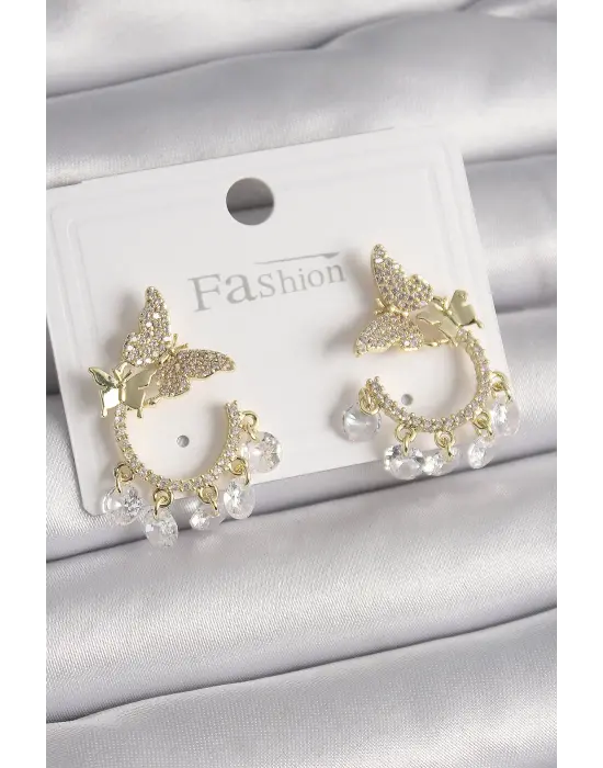  Altın Zirkon Taşlı Sallantı Detay Kelebek Model Çelik Küpe