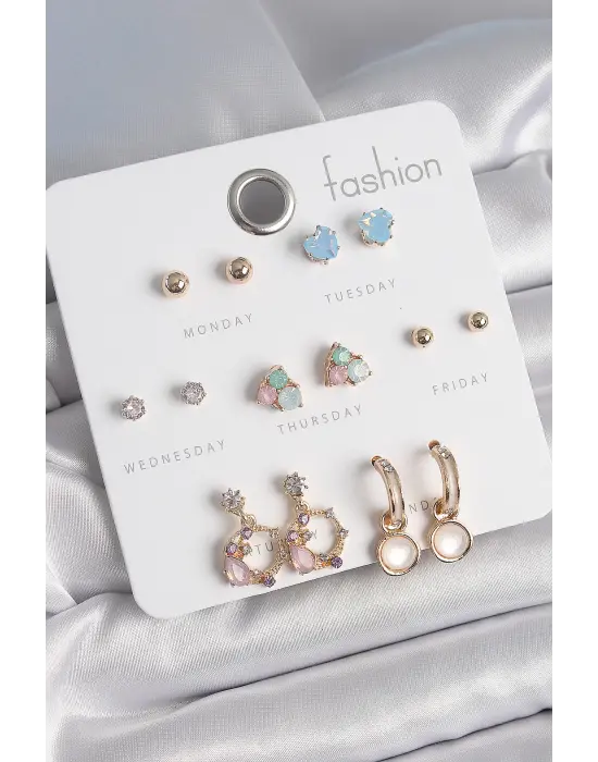 Pirinç Gold Renk Zirkon Taşlı Sallantı Halka Figür Kalp Detay 7 Çift Kadın Küpe