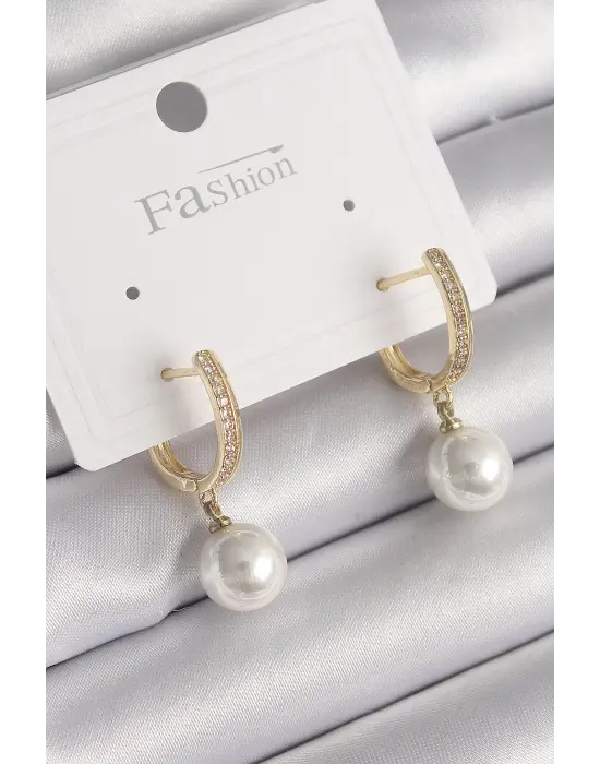  Altın Zirkon Taşlı Sallantı İnci Model Çelik Küpe