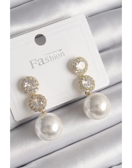  Altın Zirkon Taşlı Sallantı İnci Model Çelik Küpe