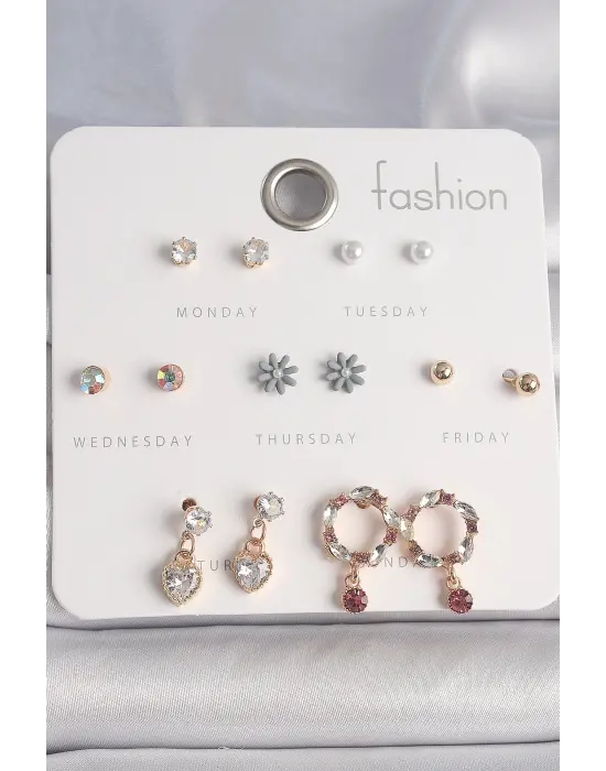  Altın Zirkon Taşlı Sallantı Kalp Çiçek Figür 7 Çift Çelik Küpe Seti