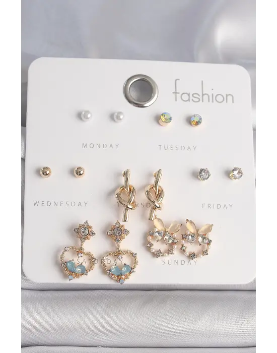  Altın Zirkon Taşlı SAllantı Kalp Düğüm Figür 7 Çift Çelik Küpe Seti