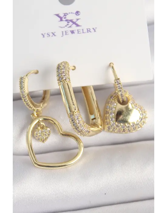 Pirinç Gold Renk Zirkon Taşlı Sallantı Kalp Model 3Lü Kadın Kombin Küpe