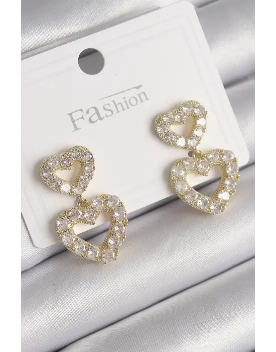  Altın Zirkon Taşlı Sallantı Kalp Model Çelik Küpe