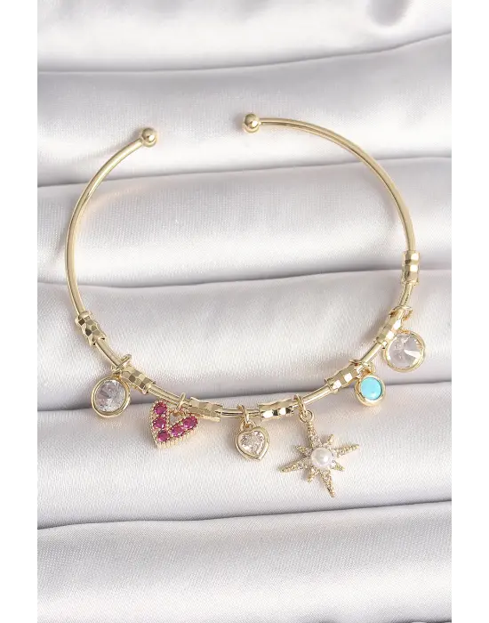 Pirinç Gold Renk Zirkon Taşlı Sallantı Kutup Yıldız Figür İnci Detay Charm Kadın Bileklik
