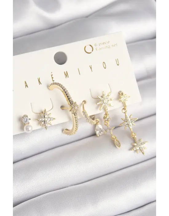  Altın Zirkon Taşlı Sallantı Kutup Yıldızı Model VIP Seri Çelik Küpe Seti