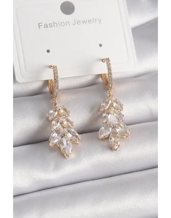  Altın Zirkon Taşlı Sallantı Yaprak Model Çelik Küpe