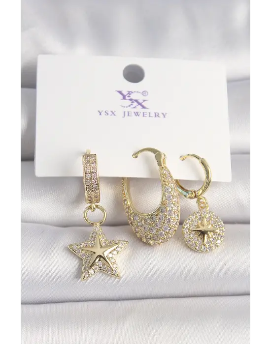 Pirinç Gold Renk Zirkon Taşlı Sallantı Yıldız Model Kutup Yıldız İşleme Detay 3Lü Kadın Küpe