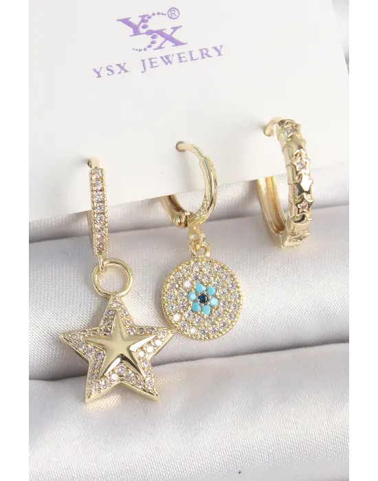 Pirinç Gold Renk Zirkon Taşlı Sallantı Yıldız Model Nazar Boncuk Detay 3Lü Kadın Kombin Küpe