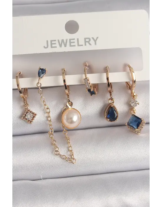  Altın Zirkon Taşlı Sallantı Zincir Detaylı Çelik Küpe Seti