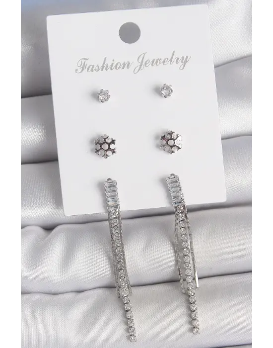 Pirinç Gold Renk Zirkon Taşlı Sallantılı Çiçek Detay 3 Çfit Kadın Küpe Seti