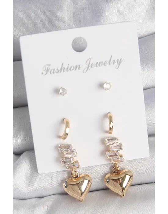 Pirinç Gold Renk Zirkon Taşlı Sallantılı Kalp Model Yarım Halka Detay 3 Çift Kadın Küpe Seti