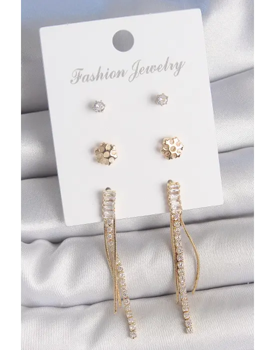 Pirinç Gold Renk Zirkon Taşlı Sallantılı Model Kar Tanesi Detay 3 Çift Kadın Küpe Seti
