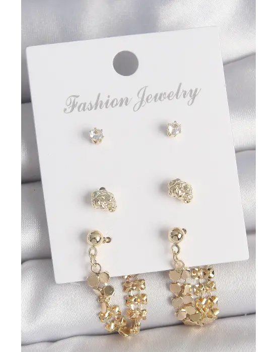 Pirinç Gold Renk Zirkon Taşlı Sallantılı Pul Model 3 Çift Kadın Küpe Seti