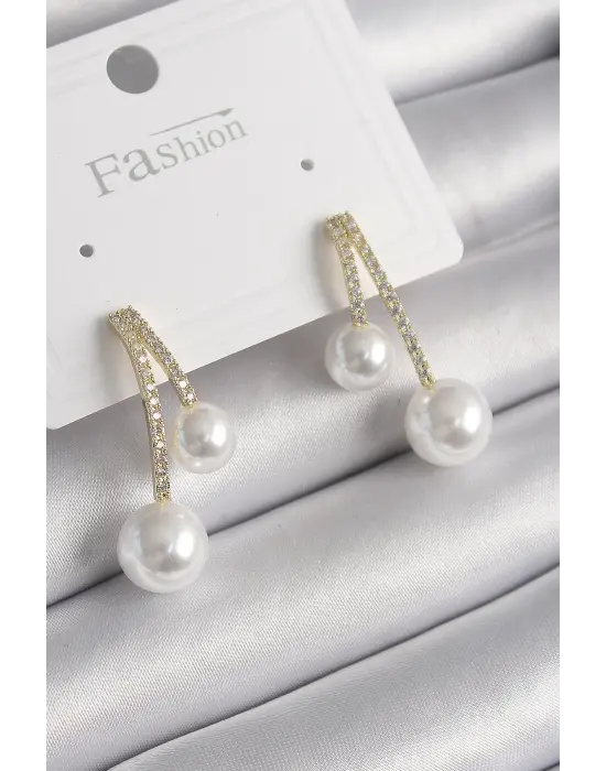 Altın Zirkon Taşlı Sarkıt Model İnci Detay Çelik Küpe