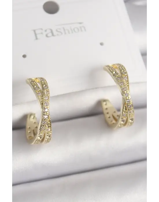  Altın Zirkon Taşlı Sarmal Halka Model Çelik Küpe