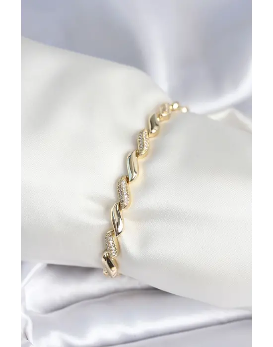 Pirinç Gold Renk Zirkon Taşlı Sarmal Model Kadın Bileklik