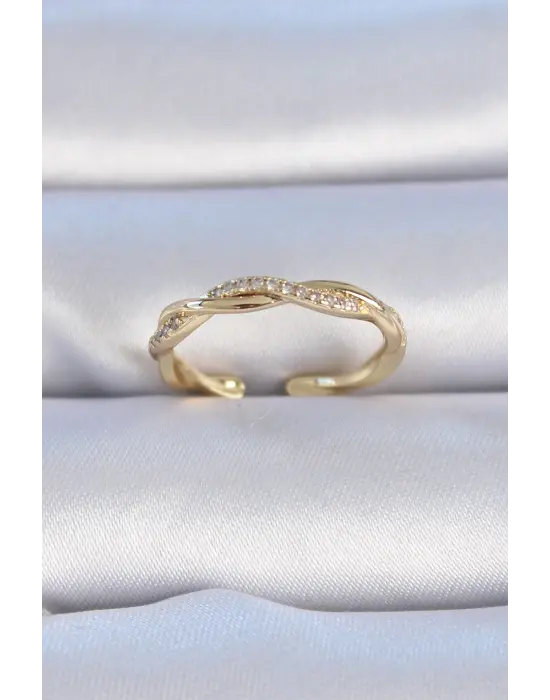  Altın Zirkon Taşlı Sarmal Model Çelik Yüzük