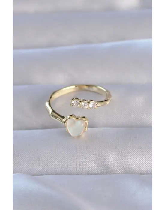  Altın Zirkon Taşlı Sedefli Kalp Model Ayarlanabilir Yüzük