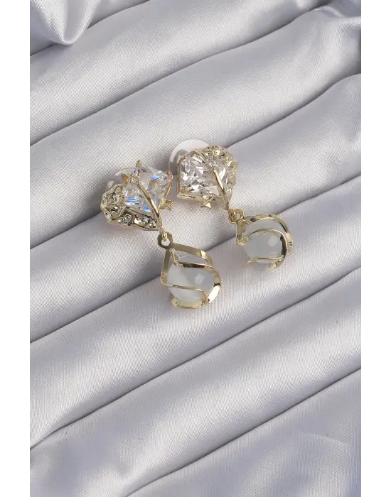  Altın Zirkon Taşlı Sedefli Küre Tasarımlı Küpe